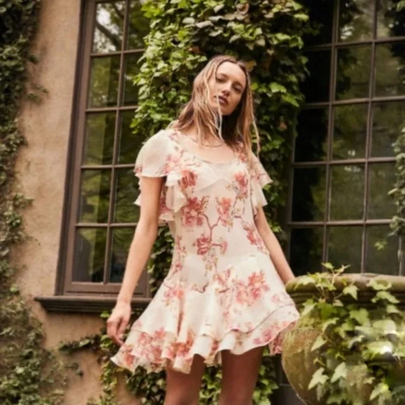 Free People Love To Love Mini Dress Flowy Floral Sheer Ruffle Dress Size Medium - Picture 1 of 6